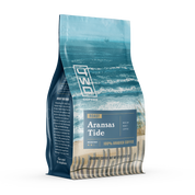 Brewed organic medium roast coffee with coastal breeze flavor.